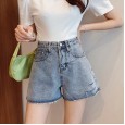 Denim shorts women's summer new tide high waist was thin a word loose wide legs hole letters hot pants