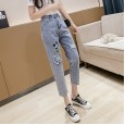 Summer new cartoon embroidered thin jeans women loose and versatile age-reduced holes nine points harem pants tide