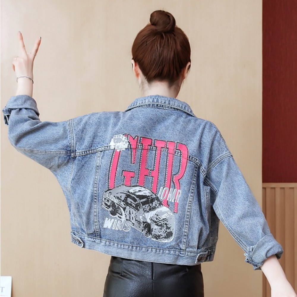 New denim short coat female spring and autumn hot diamond printing trendy shirt loose loose long sleeve jacket