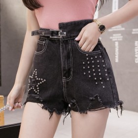 Summer new fashion beaded high waist was thin and versatile irregular hole rough edge denim shorts female