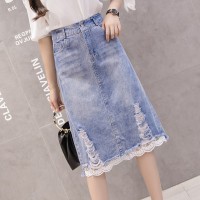 Spring new high-waist lace stitching denim skirt female slim split mid-length skirt a-line skirt