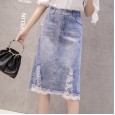 Spring new high-waist lace stitching denim skirt female slim split mid-length skirt a-line skirt
