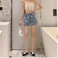 Summer high waist light-colored small daisy embroidery was thin denim shorts embroidery female a-type loose outer wear hot pants