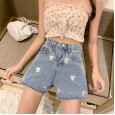 Summer high waist light-colored small daisy embroidery was thin denim shorts embroidery female a-type loose outer wear hot pants