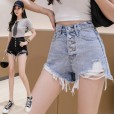 High-waist breasted denim shorts women's rough summer new A-line wide-leg loose loose sexy hot pants