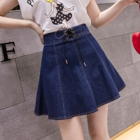 Elastic waist denim short skirt female skirt large size high waist pleated skirt anti-glare A word pettiskirt female summer student