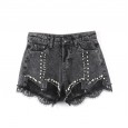 Spring and summer new denim high waist shorts female hole heavy industry nail beads ultra wide leg pants hot pants