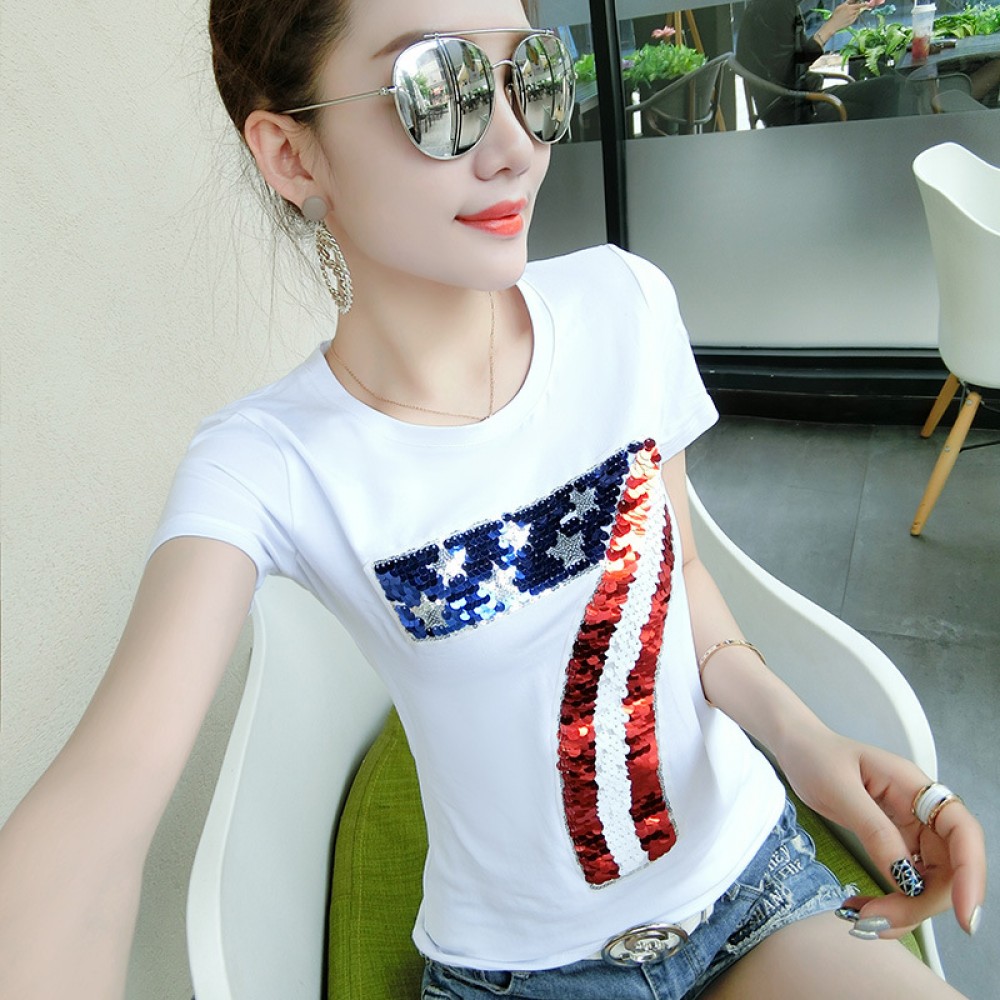 Summer new fashion sequined T-shirt female short-sleeved Slim wild round neck shirt cotton half-sleeved tide