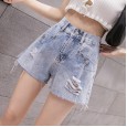 Denim shorts women's summer new loose holes high waist was thin a word hot pants elastic waist denim shorts