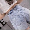 Denim shorts women's summer new loose holes high waist was thin a word hot pants elastic waist denim shorts
