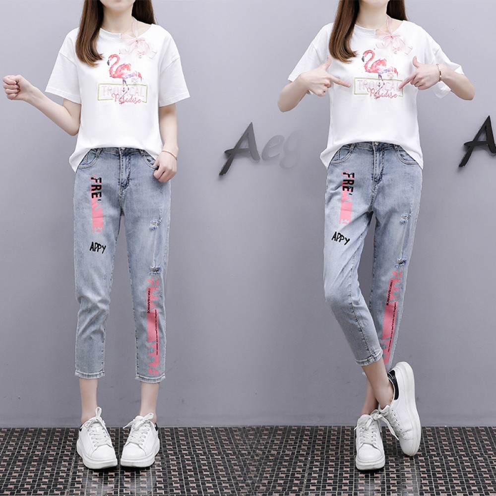 Summer women's new sequins little swan short-sleeved T-shirt printed jeans two-piece suit women