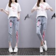 Summer women's new sequins little swan short-sleeved T-shirt printed jeans two-piece suit women