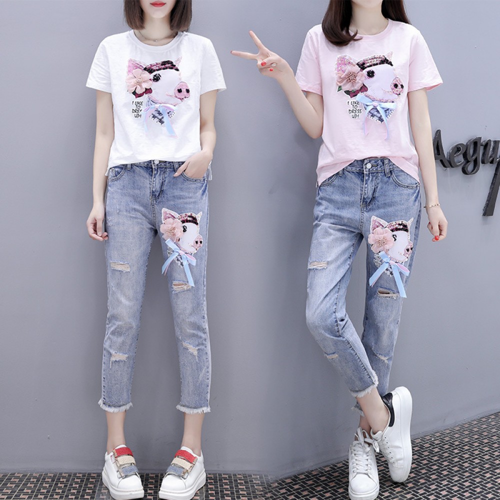 New female fashion ripped jeans suit female summer loose short sleeve t-shirt two pieces