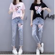 New female fashion ripped jeans suit female summer loose short sleeve t-shirt two pieces