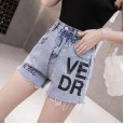 Summer new wild personality letter printing loose high waist was thin hairy wide leg denim shorts women