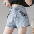 Summer new tide design feels thin drawstring shorts high waist denim shorts female lace wide leg pants
