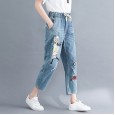 Summer literary plus size cartoon embroidered jeans elastic waist band loose loose fashion thin harem pants women