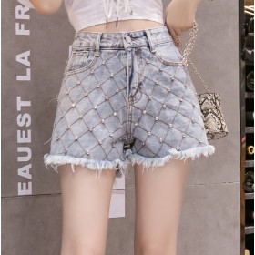 Denim shorts women's spring and summer new wide-leg pants diamond heavy industry diamond high waist wild tassel hot pants tide