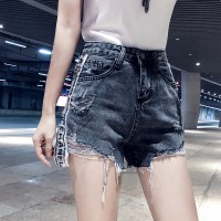 Spring and summer retro slim black pants irregular denim shorts female ripped wide-leg hot pants