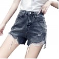 Spring and summer retro slim black pants irregular denim shorts female ripped wide-leg hot pants