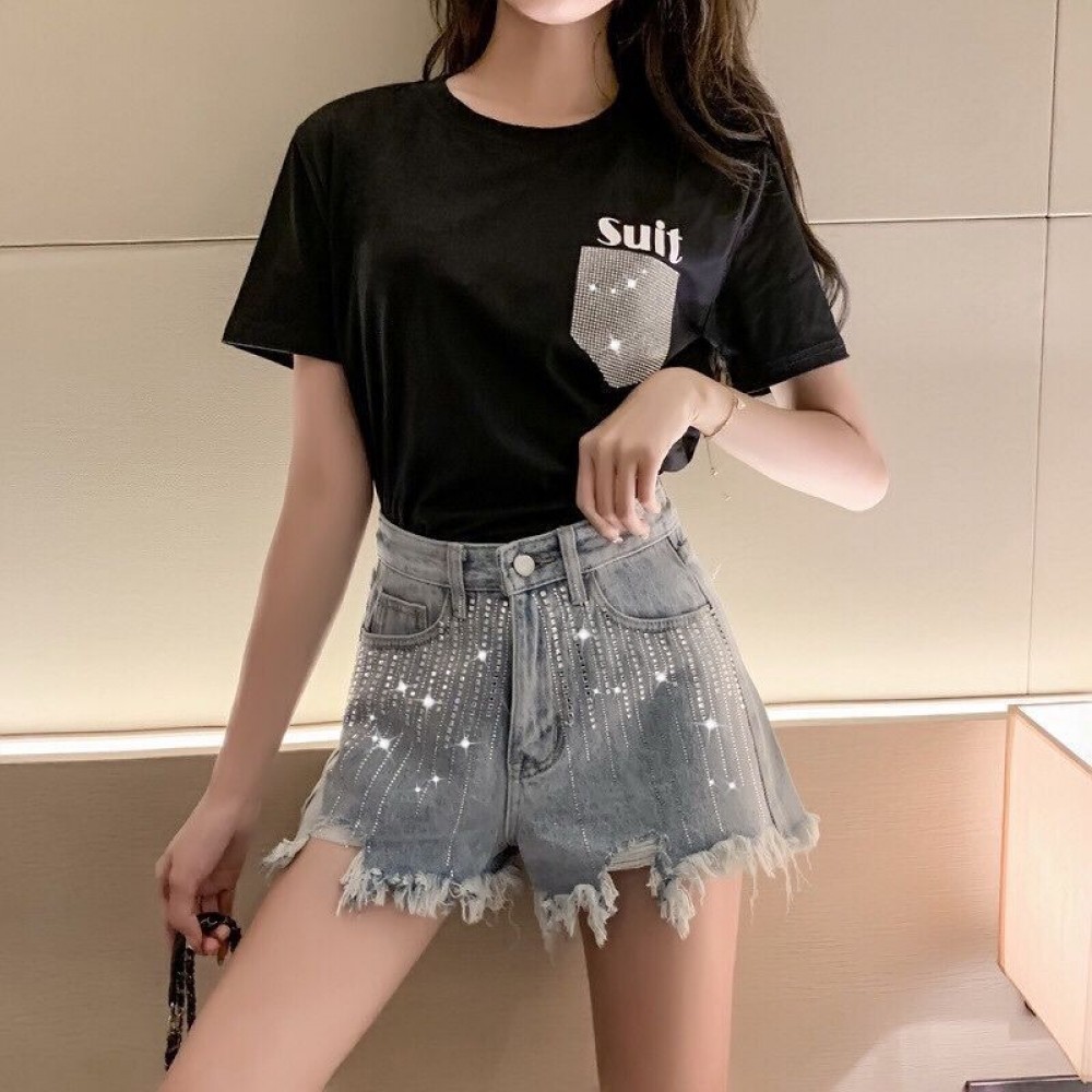 Jeans women's spring and summer new fashion shiny hot drill hole shorts were thin high waist loose wide leg hot pants