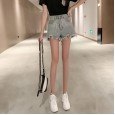 Jeans women's spring and summer new fashion shiny hot drill hole shorts were thin high waist loose wide leg hot pants