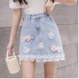 Spring dress new fresh beaded three-dimensional flowers worn high waist denim short skirt female slim skirt