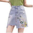 Super hot skirt women's spring and summer new irregular a-line skirt high waist was thin embroidered denim skirt