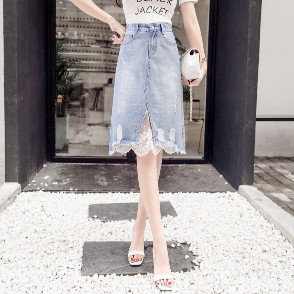 Denim skirt female spring new raw edge lace stitching denim skirt long long irregular hole skirt