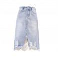 Denim skirt female spring new raw edge lace stitching denim skirt long long irregular hole skirt