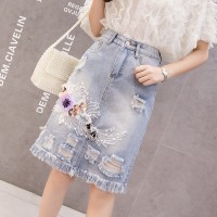 Broken denim mid-length skirt female spring new beaded embroidery tassel high waist a word was thin package hip skirt