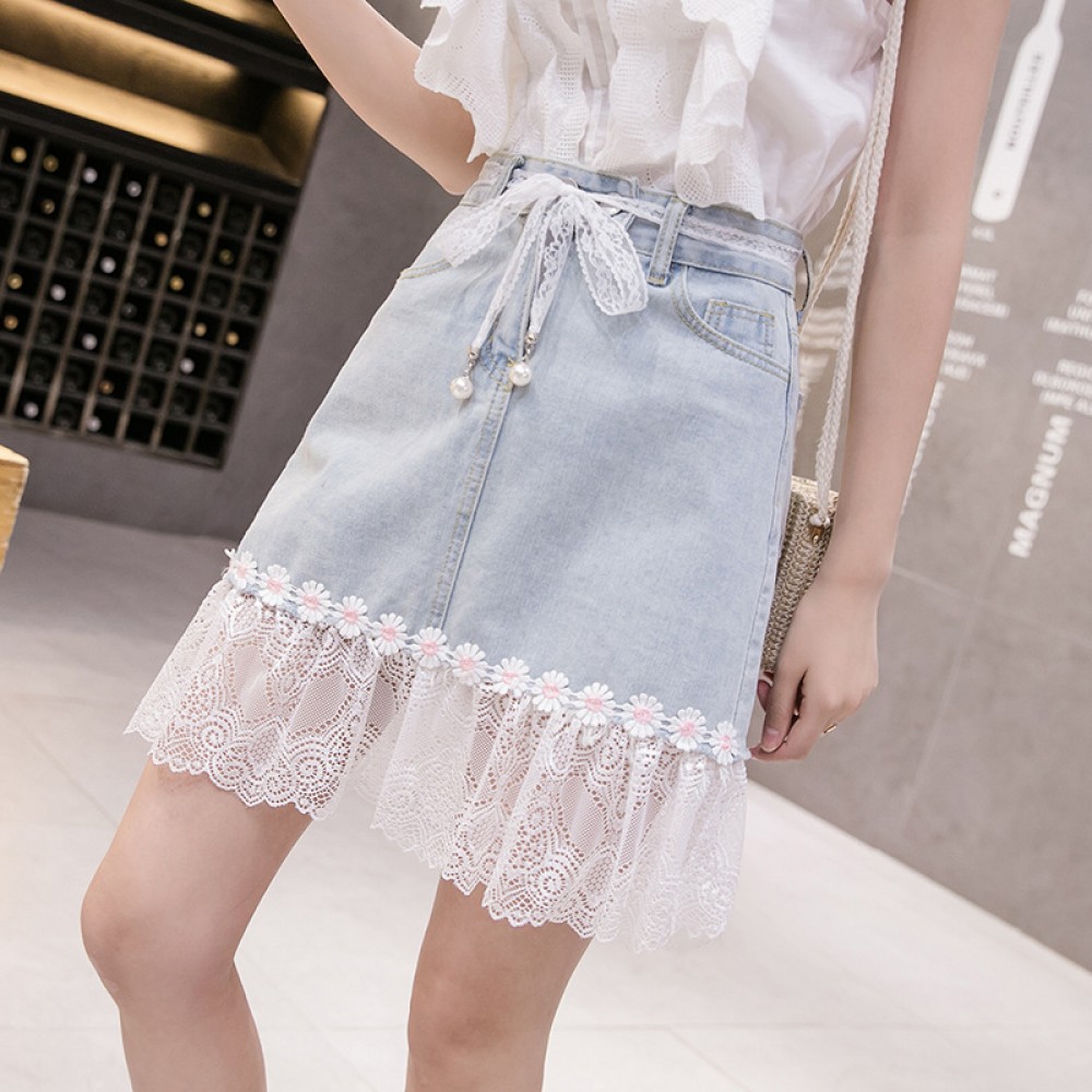 Mesh stitching denim skirt female spring new lace lace bag hip A sub skirt female