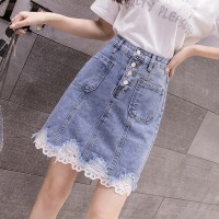 High waist denim skirt women spring and autumn new fashion breasted lace stitching lace bag hip skirt