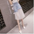 Skirt spring and spring new mesh denim skirt female summer high waist was thin skirt a word mid-length skirt