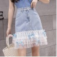 Spring and summer new sweet lace stitching beaded denim skirt super fire bow A-line skirt