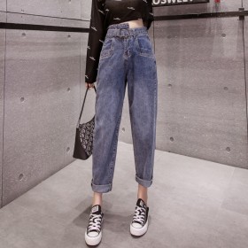 Flower bud jeans women loose straight tube spring and autumn new high waist was thin Harlan nine points old daddy radish pants