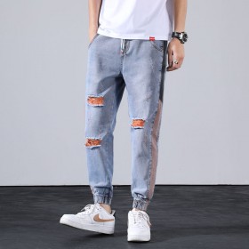 Jeans men's broken hole tide brand beam feet feet long pants nine points pants casual wild summer