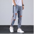 Jeans men's broken hole tide brand beam feet feet long pants nine points pants casual wild summer