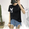 Summer new large size women's slub cotton short-sleeved T-shirt female rabbit embroidery bottoming ladies top