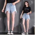 New Women's High Waist Loose Hole A-shaped Irregular Raw Edge Trousers Hot Pants Denim Shorts Female Summer