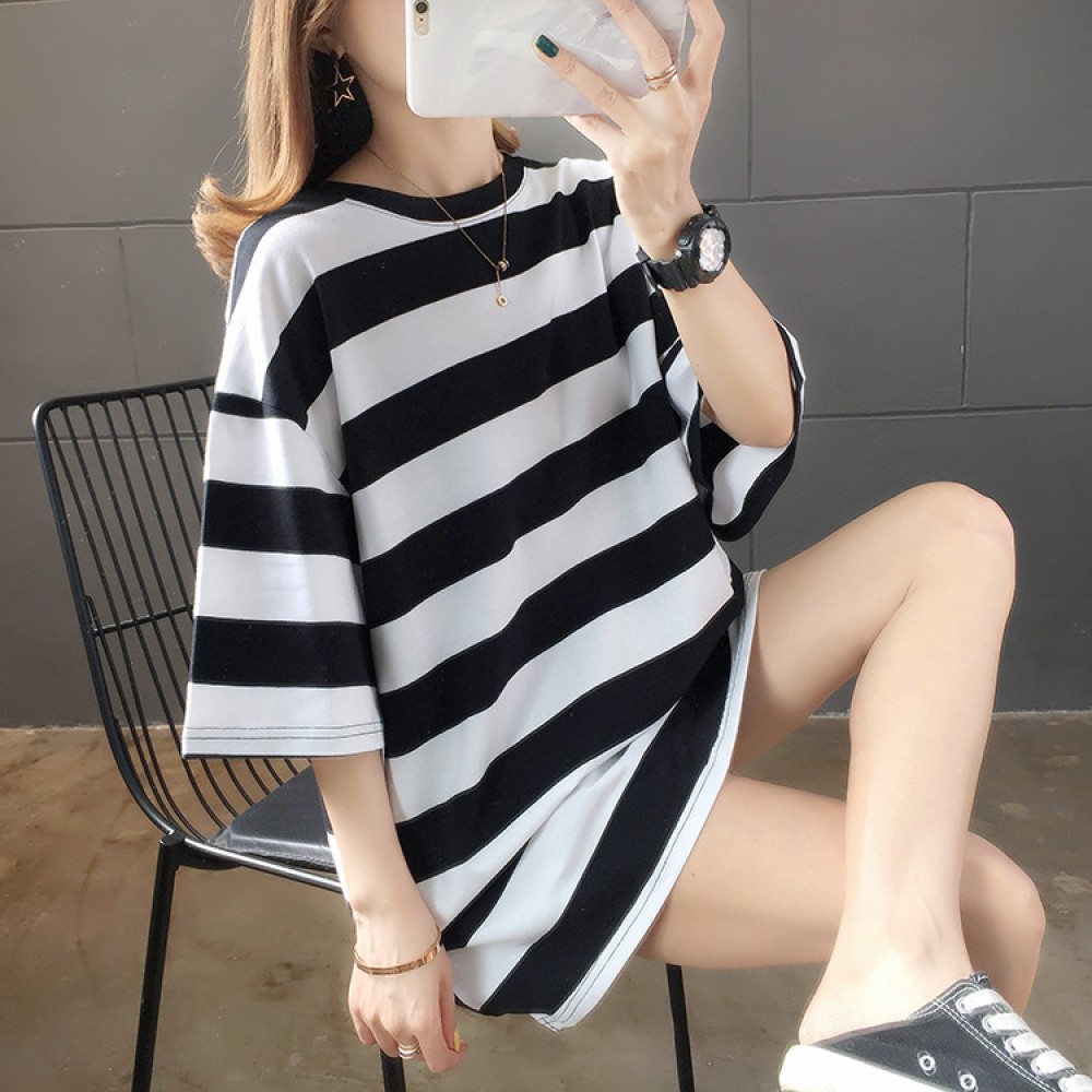 Summer new large size women's casual stripes super fire short-sleeved t-shirt female loose ladies tops