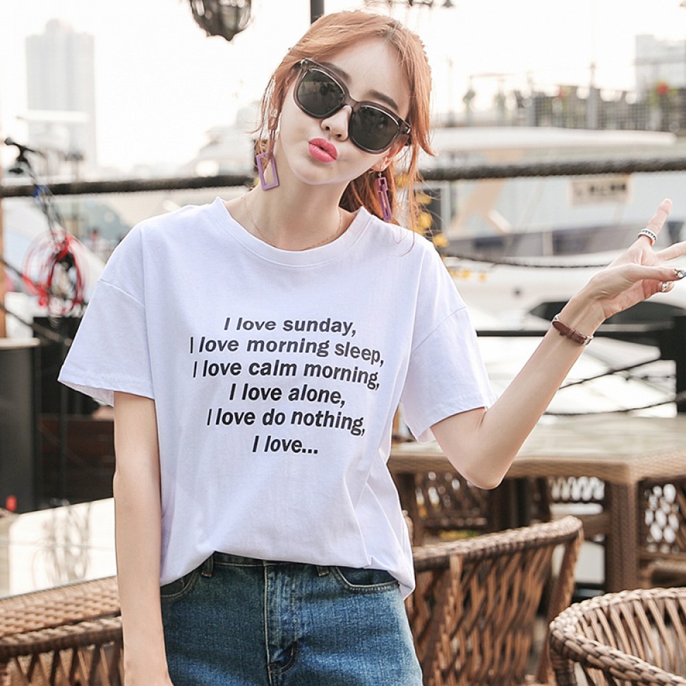 Summer new large size women's loose short-sleeved t-shirt female printing solid color student female shirt tide