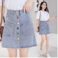 Real shot rainbow buckle denim skirt female spring and summer new high waist was thin wild skirt A-line skirt