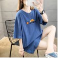 Summer new basic large size women's mid-length solid color printed jacket round neck short sleeve t-shirt female