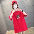 Mid-length plus size women's summer new solid color printed jacket round neck short sleeve T-shirt women